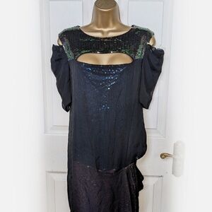 SPORTMAX Colourful Sequin & Black Chiffon Overlay Cold Shoulder Shift Dress Sz M